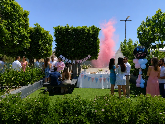 Celebración de revelación de género en jardín para eventos en Elche